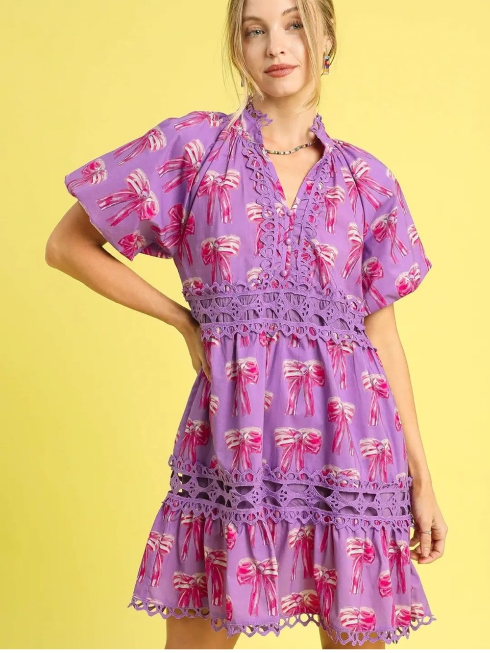 Umgee Purple Dress with Pink Bow Print